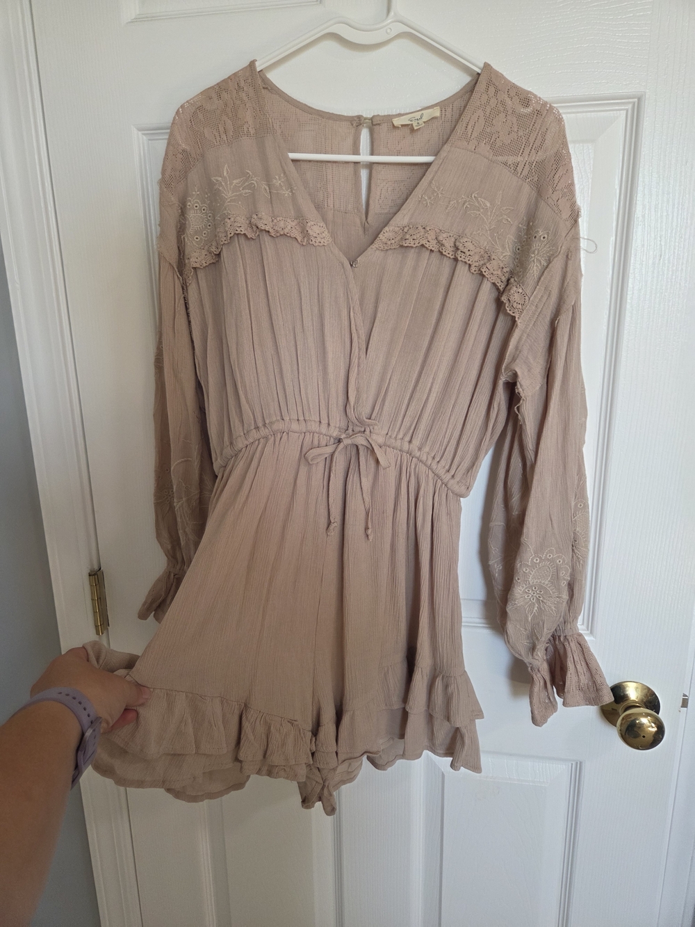Boho Lace-Trim Long Sleeve Romper in Tan - Unbranded